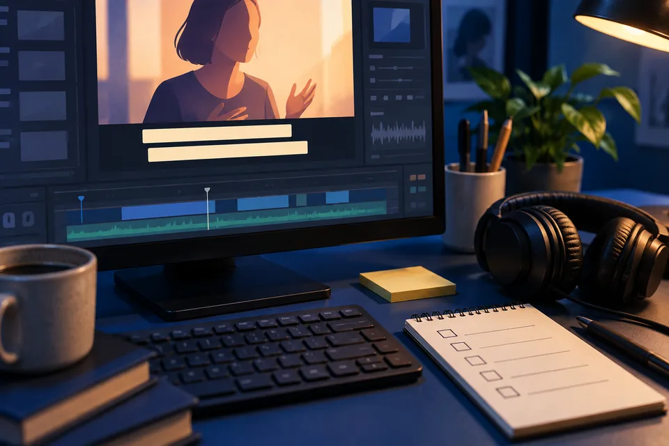 AI editorial illustration of a caption-editing workspace with abstract interface markings; not an actual software screenshot